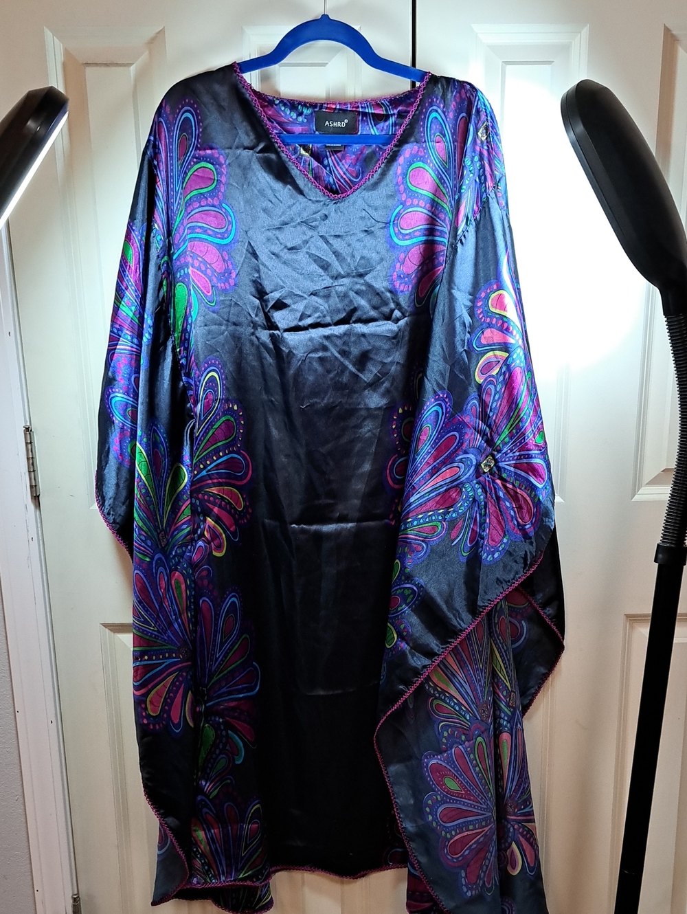 Ashro Black Satin Kaftan with Purple & Teal Paisley Accents